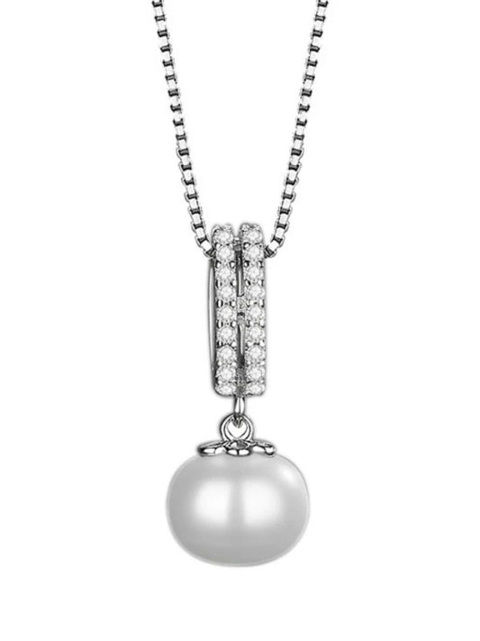 Pearl pendant necklace with silver chain on a white background