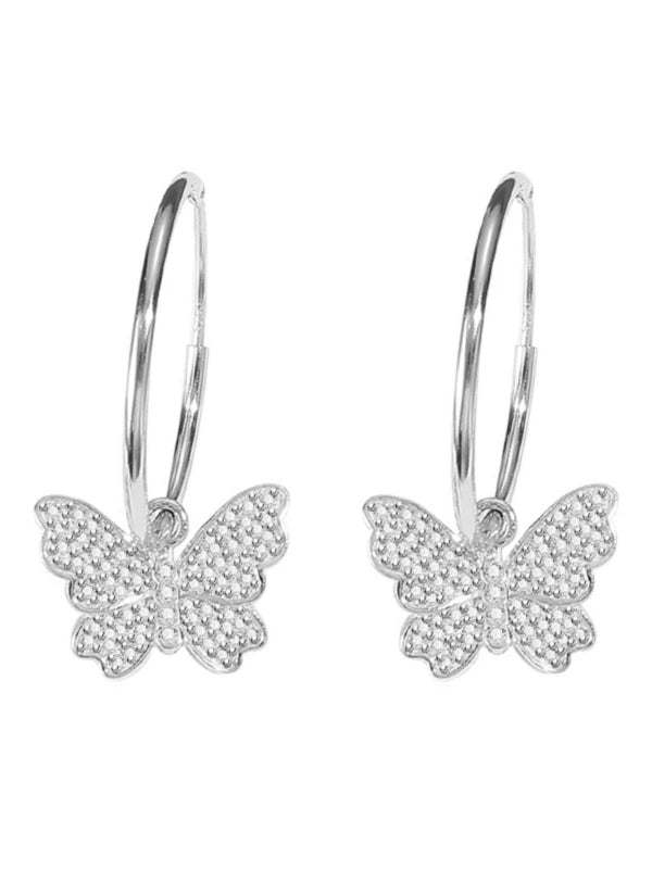 Silver butterfly earrings on a white background