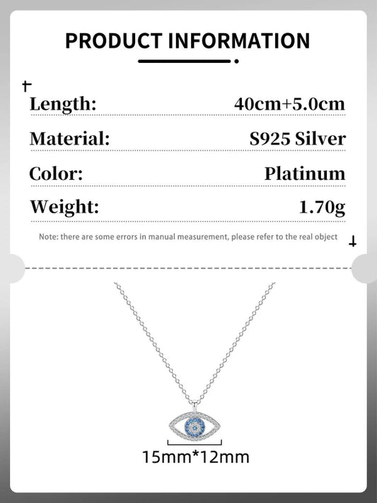 Product information card for a silver necklace with an eye pendant, including length, material, color, weight, and dimensions.