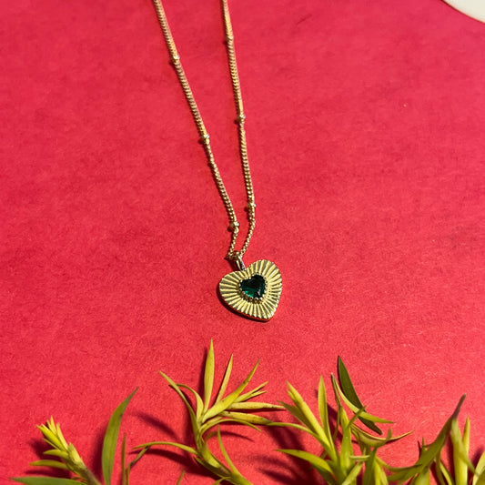 Emerald Heart Pendant Necklace with Beads Chain - 18K Gold Plated