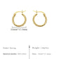 Gold hoop earrings with measurements and product details on a white background