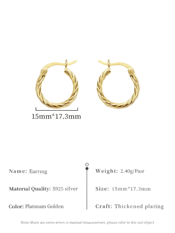 Gold hoop earrings with measurements and product details on a white background