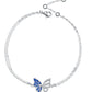 Silver bracelet with a blue butterfly charm on a white background