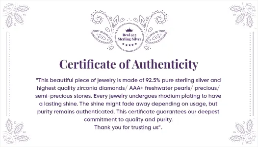 Certificate of Authenticity for jewelry made from 92.5% pure sterling silver and AAA+ freshwater pearls.