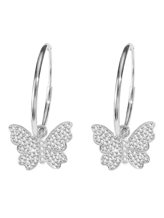 Silver butterfly earrings on a white background