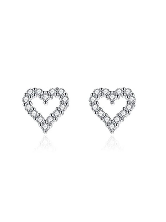 Heart-shaped earrings with clear stones on a white background