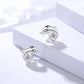 Silver dolphin-shaped earrings with clear gemstones on a white surface