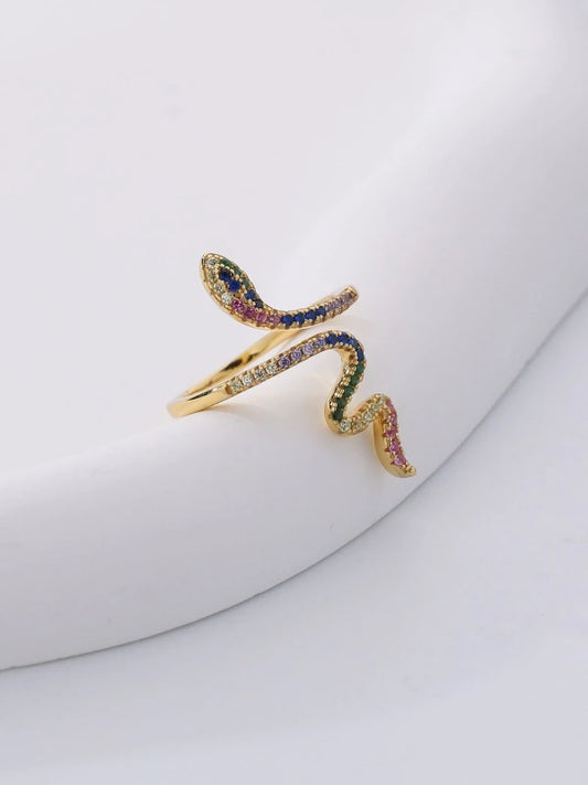 Colorful snake-shaped ring on a white background