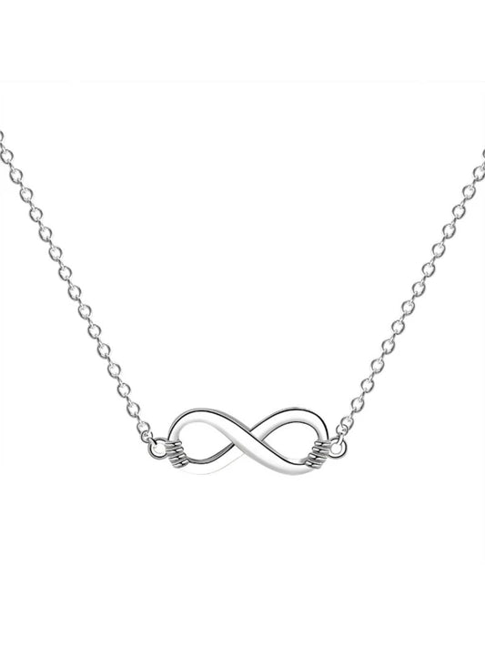 Silver infinity necklace on a white background