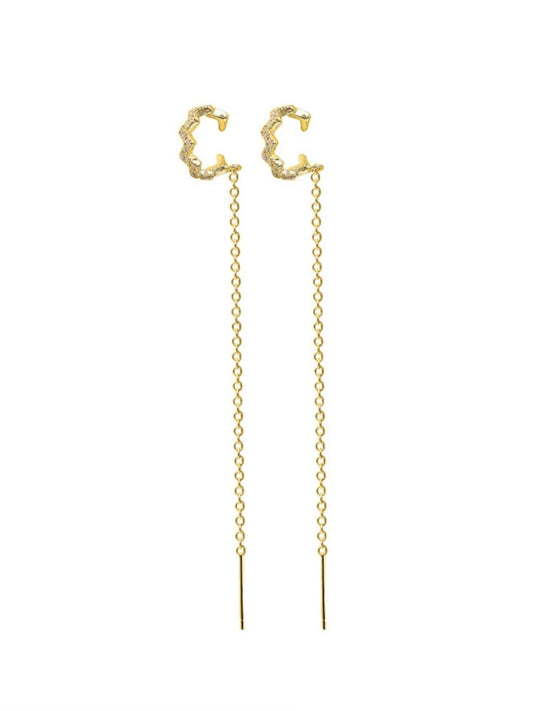 Gold hoop earrings with chain extensions on a white background