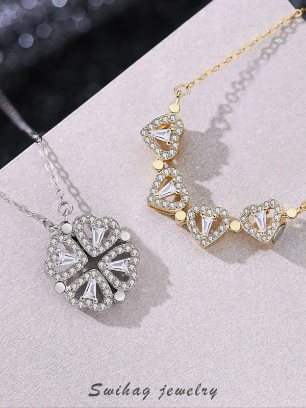 Two heart-shaped diamond pendants on necklaces with 'Swhag jewelry' branding.