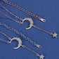 Two silver necklaces with moon and star pendants on a blue background