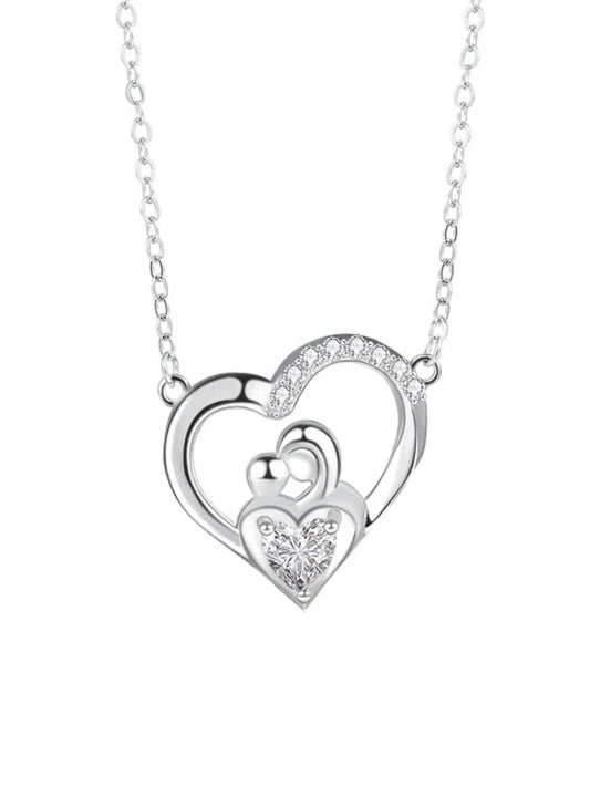 Silver heart-shaped necklace with interlocking hearts on a white background