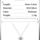 Product information card for a silver necklace with an eye pendant, including length, material, color, weight, and dimensions.