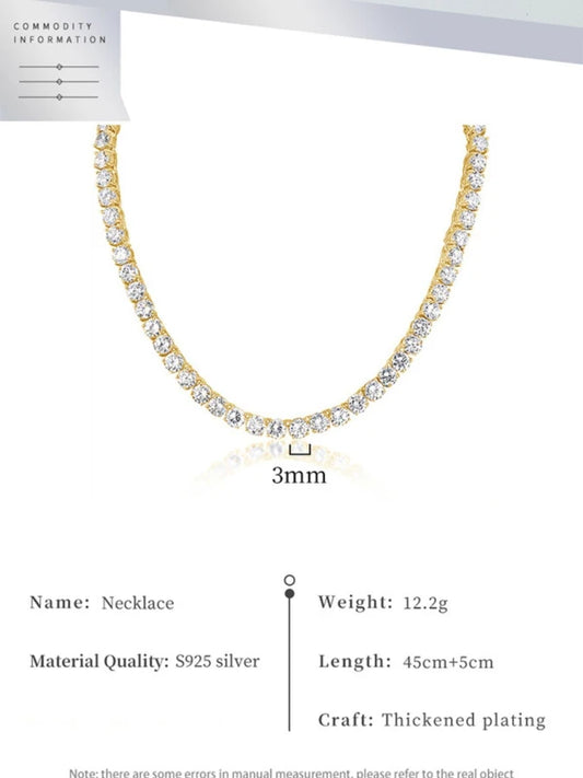 Gold necklace with clear stones on a white background, showing details like weight, length, and material quality.