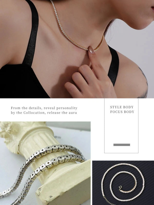 Close-up of a woman wearing a gold necklace with text about style and focus.