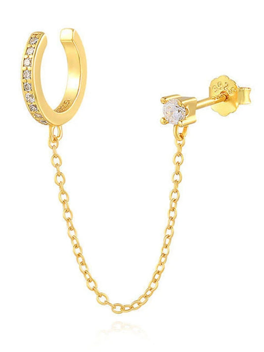 Gold hoop earring with chain and matching stud earring on a white background