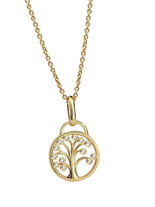 Gold necklace with a tree-shaped pendant on a white background