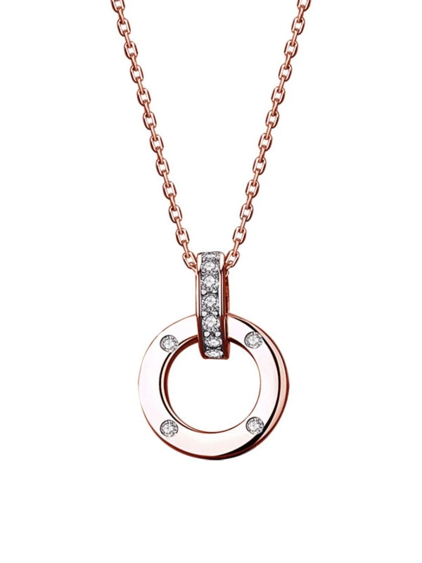Rose gold necklace with a circular pendant on a white background