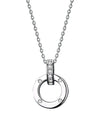 Silver necklace with a circular pendant on a white background