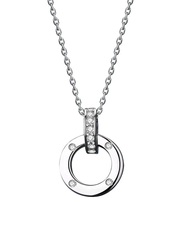 Silver necklace with a circular pendant on a white background