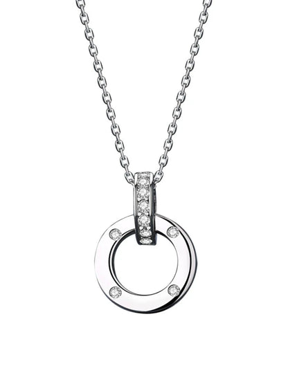 Silver necklace with a circular pendant on a white background